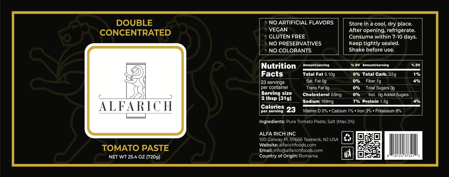 Alfa Rich Clean Label Double Concentrated Tomato Paste 25.4 Oz (720 gr)