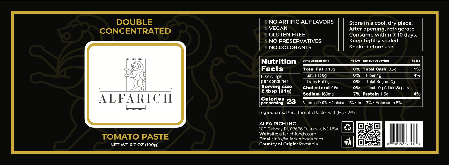 Alfa Rich Clean Label Double Concentrated Tomato Paste 6.7 Oz (190 gr)