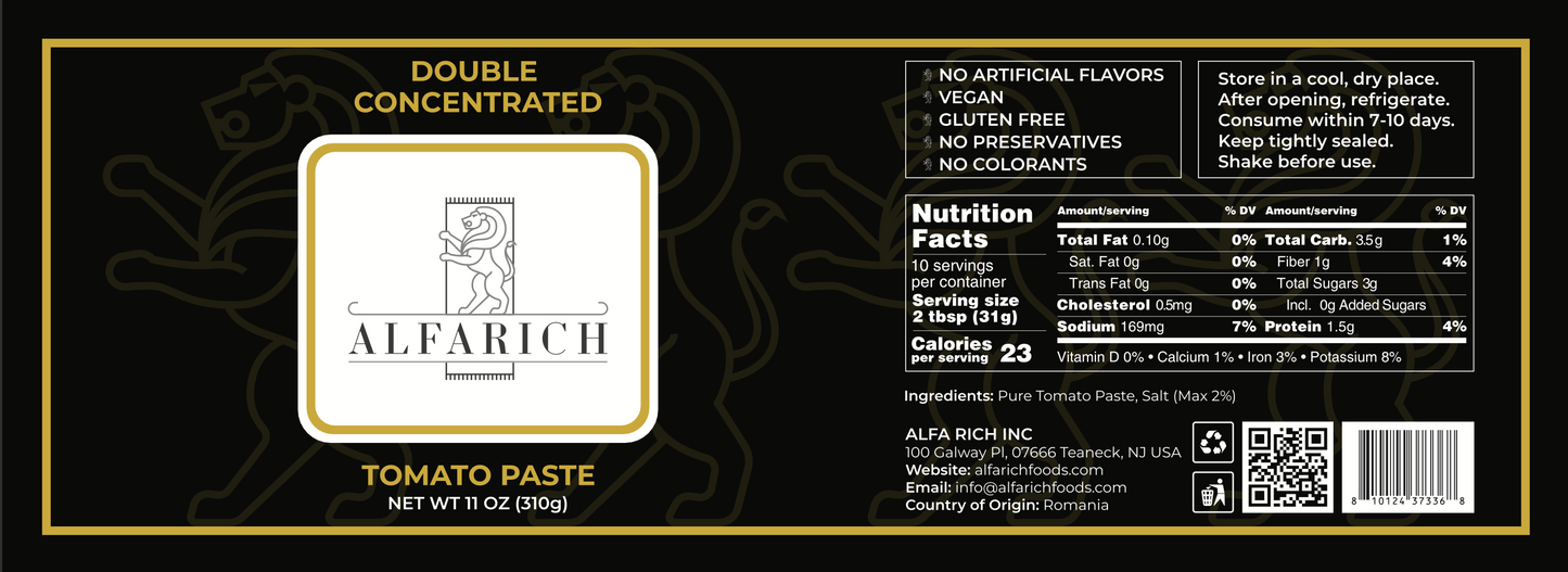 Alfa Rich Clean Label Double Concentrated Tomato Paste 11 Oz (310 gr)